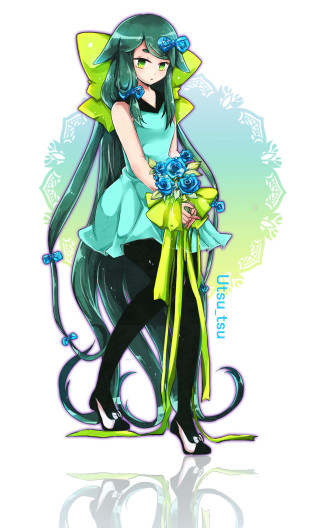 Woman blue dress bouquet flowers - fullbody free wallpaper