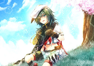 Girl sitting hat sword anime - her head and a sword free wallpaper