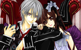 Anime couple characters posing picture - a red chair free wallpaper