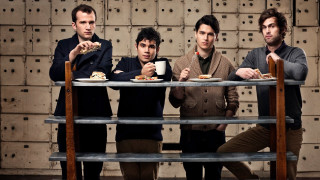 Three men sitting table eating - coffee free wallpaper