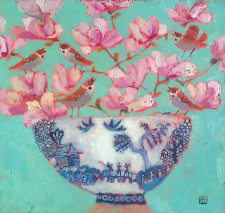 Vase pink flowers birds blue - a still life free wallpaper for tablet