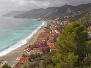 Beach houses mountain water scenery - plein air free wallpaper