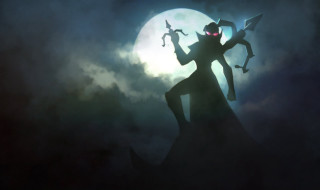 Silhouette man swords full moon - a dark sky free wallpaper for desktop