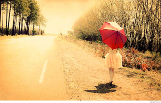 Woman red umbrella walking road - a red umbrella free wallpaper
