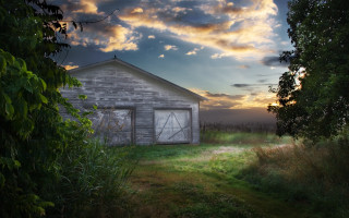 Barn door window grass trees - a door and a window free wallpaper
