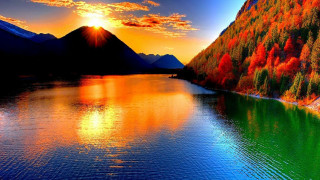 Lake mountains sunset colorful sky - cloud and trees free wallpaper