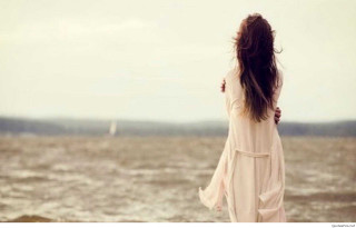 Woman beach ocean sailboat distance - neoromanticism free wallpaper