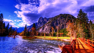 River wooden bridge mountains clouds - bob thompson free wallpaper