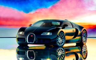 Black bugatti reflection puddle sunset 2 - matte drawing free wallpaper for desktop