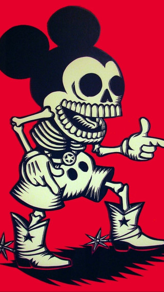 Skeleton mickey mouse running red - punk art free wallpaper for mobile