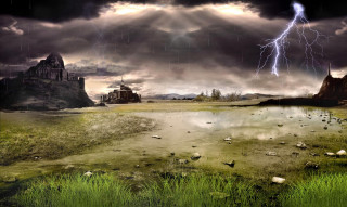 Storm lake castle lightning painting - matte fantasy painting free wallpaper for desktop