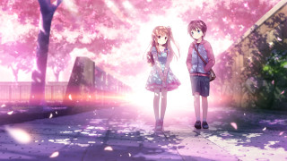 Anime girls pink tree pink - a pink sky in the background free wallpaper for desktop