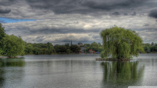Tree lake cloudy sky church - hdr free wallpaper