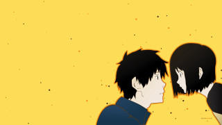 Anime portrait blackhair yellowbackground twopeople - yellow background free wallpaper