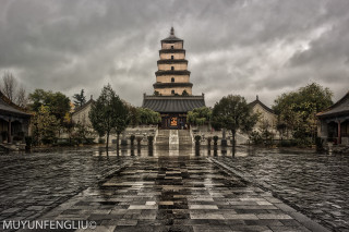 Pagoda clocktower cloudy checkered floor - fang congyi free wallpaper