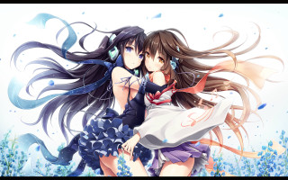 Anime girls hugging field flowers - the wind free wallpaper