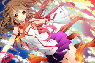 Girl flying rainbow clouds sky - anime art free wallpaper