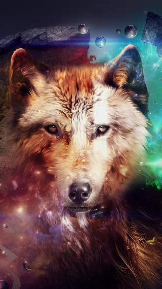 Wolf colorful background space stars - digital artwork free wallpaper for mobile
