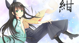 Woman long hair sitting ground 2 - black boot free wallpaper