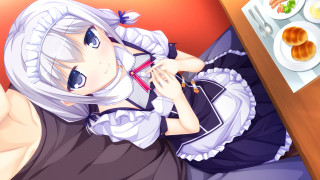 Maid outfit woman sitting table - food free wallpaper