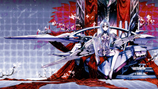 Futuristic woman red curtain sword - a red curtain free wallpaper