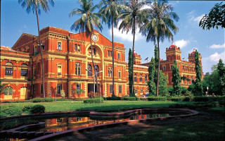 Large building clock palm trees 2 - front view free wallpaper