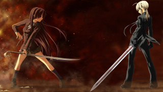 Anime characters swords red background - woman free wallpaper