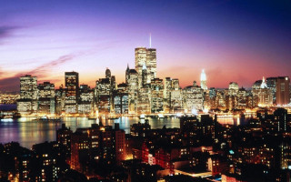 City skyline night purple sky 13 - a purple sky and water free wallpaper