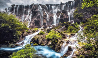 Waterfall blue river trees cloudy - a few cloud above free wallpaper