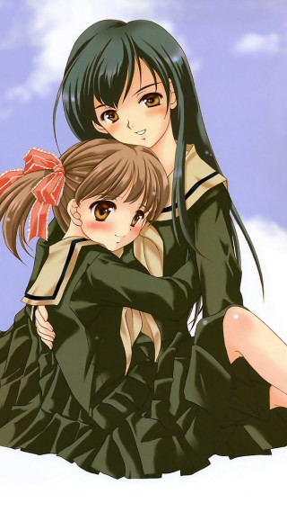 Anime girls hugging snow sky - the background free wallpaper for mobile