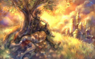 Couple hugging tree field castle - anime art free wallpaper for desktop
