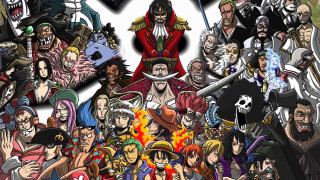 Anime characters group white black 5 - red background free wallpaper