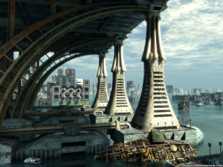 Futuristic city bridge boat water - a futuristic city free wallpaper