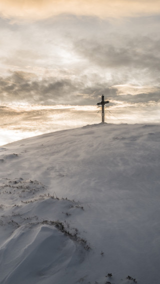 Cross snowy hill sky clouds - dionisiu free wallpaper for mobile