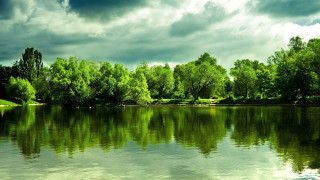 Lake trees clouds background cloudy 2 - art green free wallpaper