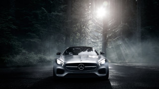 Mercedes sports car forest night 4 - photorealistic lighting free wallpaper