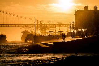 Large boat water bridge pier - golden hour free wallpaper