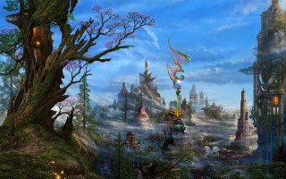 Fantasy city trees buildings bird - tree and buildings free wallpaper