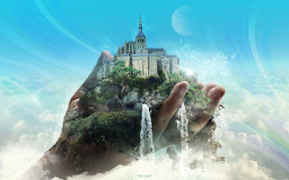 Hand holding waterfall castle sky 2 - a castle in the sky free wallpaper