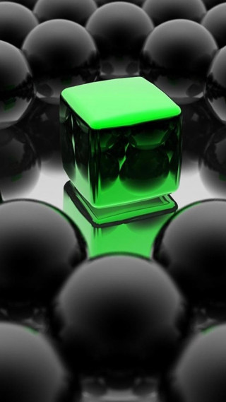 Green cube in black balls - art green free wallpaper for mobile