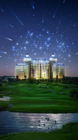 Night golf course building pond - free new year wallpaper for mobile