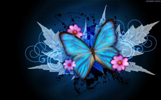 Blue butterfly pink flowers background - white swirl free wallpaper