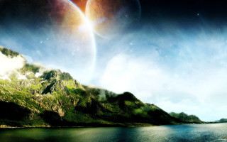 Planet mountains water aurora night - a boat in the foreground free wallpaper