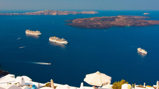 Cruise ships ocean small island - panoramic view free wallpaper