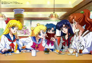 Anime girls table eating food - a group of anime girls sitting free wallpaper
