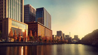 River city tall buildings trees - a row of trees free wallpaper