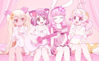 Girls bed guitar cat group - their hand and a cat free wallpaper