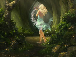 Woman green dress forest stream 2 - a stream of water free wallpaper