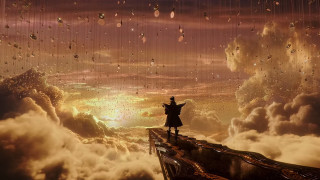 Person standing ledged clouds umbrella - stunning free wallpaper