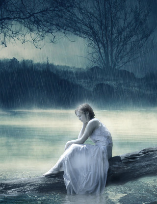 Gothic woman rain storm lake - a tree in the background free wallpaper for mobile